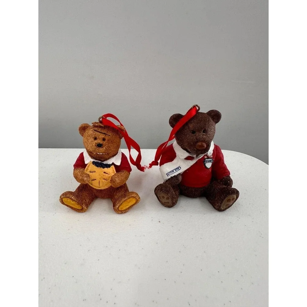 Lands End Bears Christmas Ornaments Set 2 Red‎ Ribbon 1996 Collectible Holiday
